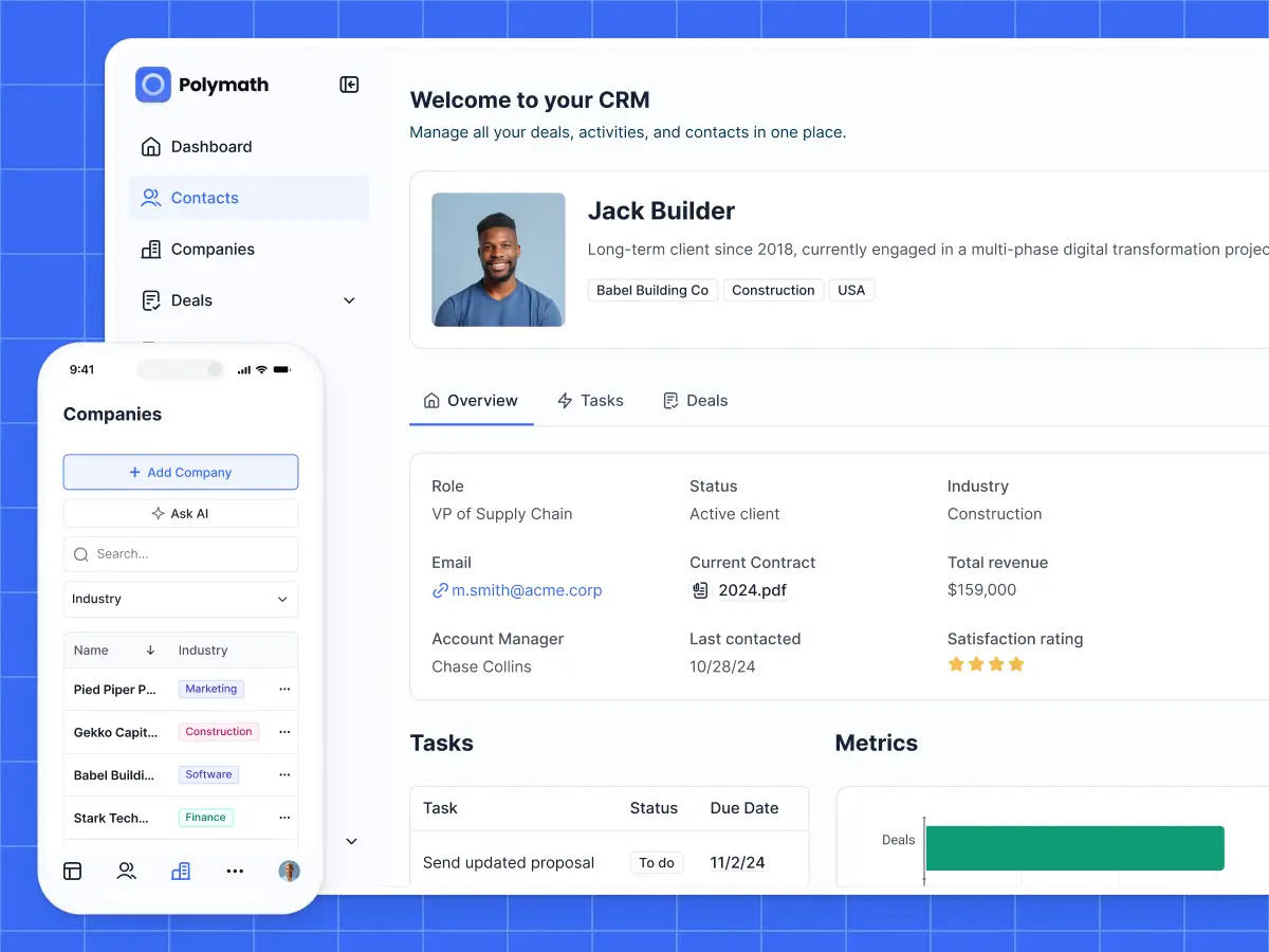Softr CRM app showing contacts, companies, deals, tasks, and metrics on desktop and mobile.