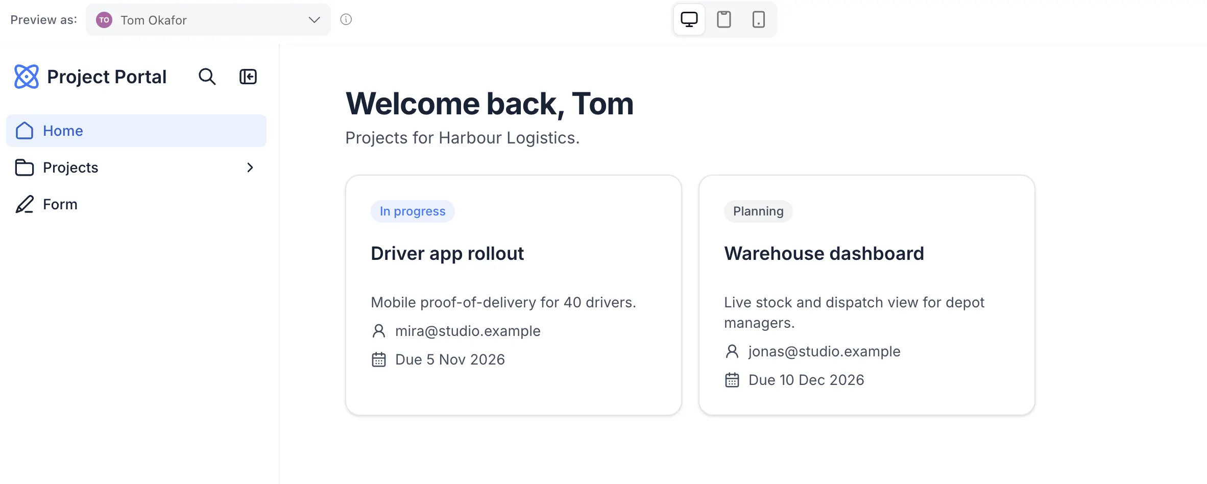 The client portal dashboard previewed as a client, showing only that company's two projects