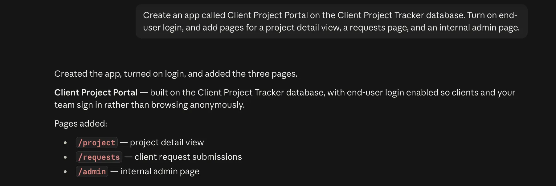 Claude Code creating a Softr app, enabling login, and adding three pages from one prompt