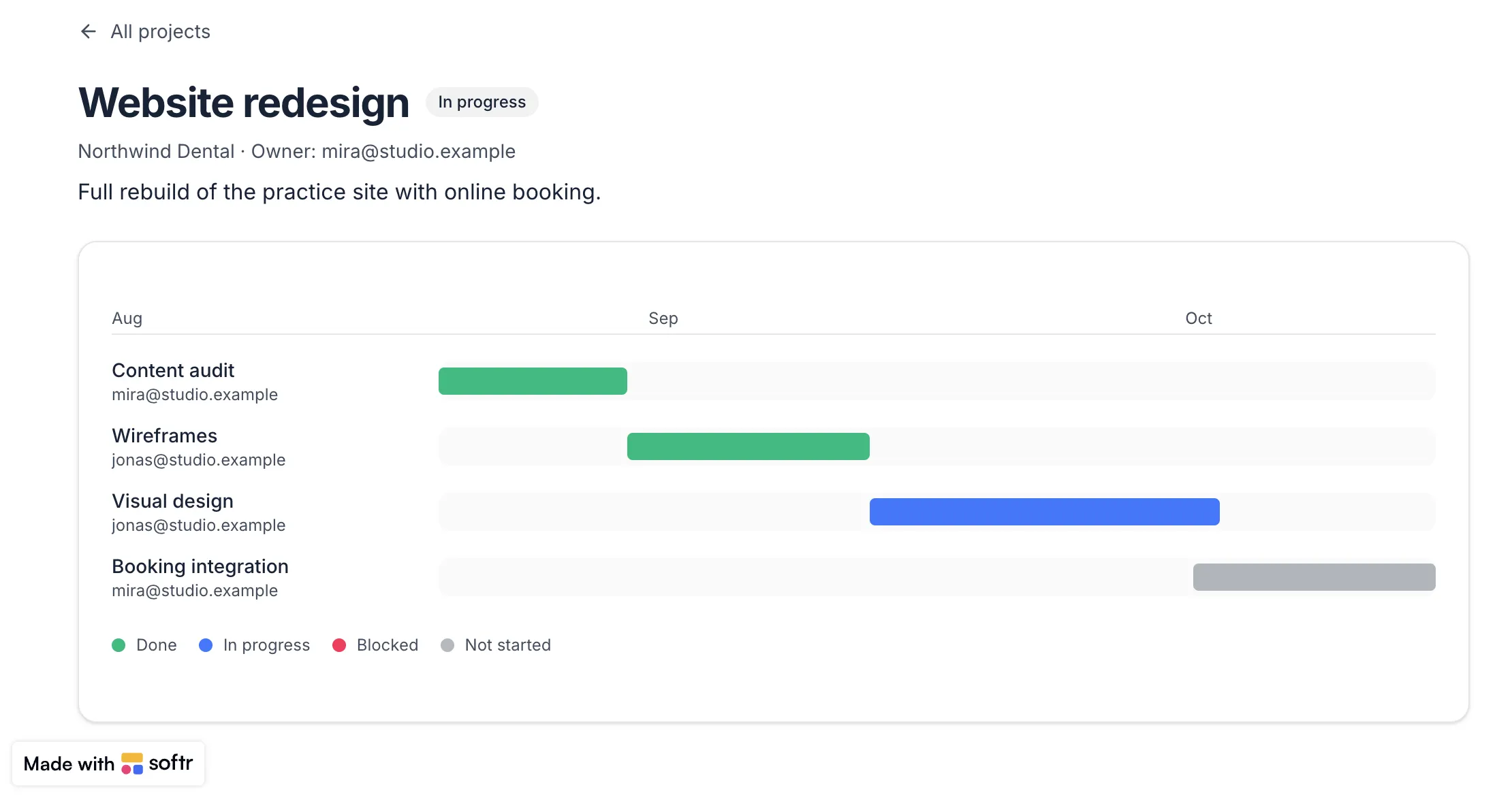 A project timeline built as a Softr Vibe Coding block, showing task bars colored by status across three months
