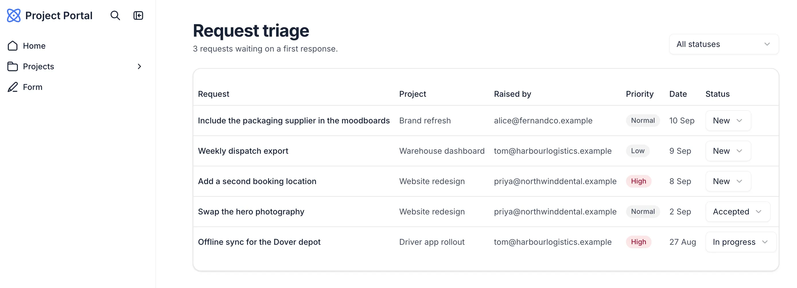 A Softr triage table listing client requests with project, requester, priority, date, and an editable status
