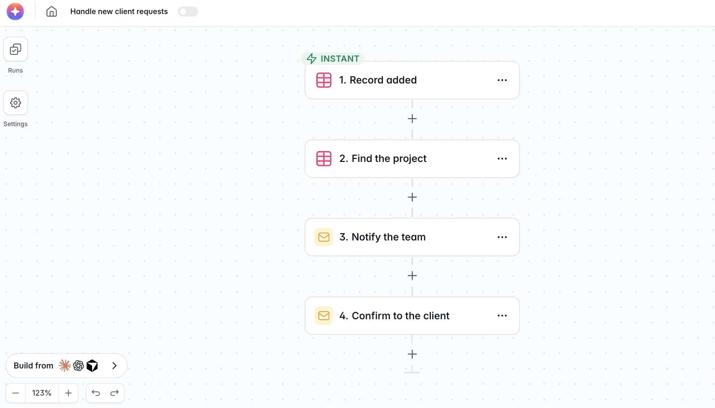 A Softr workflow with four steps: a new record trigger, a project lookup, an email to the owner, and a client confirmation