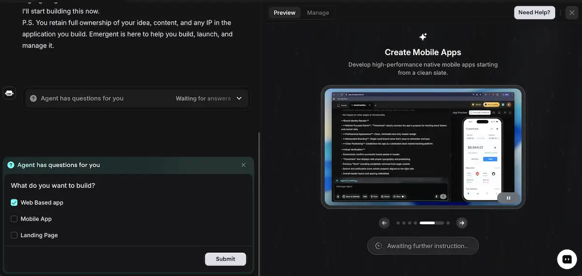 Emergent's agent building an app based on prompt questions