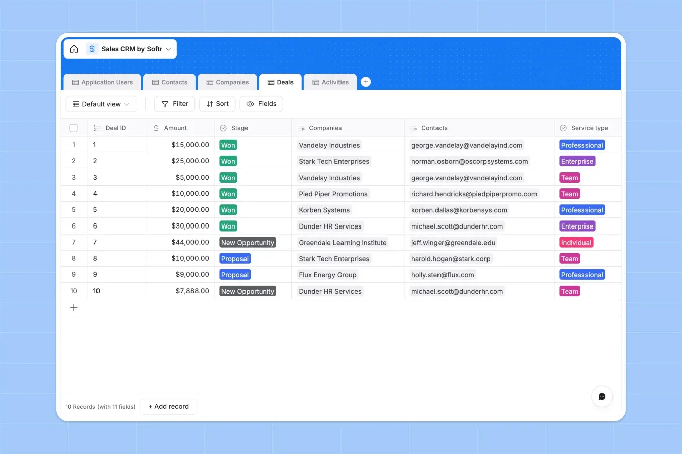 A Softr Databases grid view of a sales CRM, with deal records linked to companies and contacts