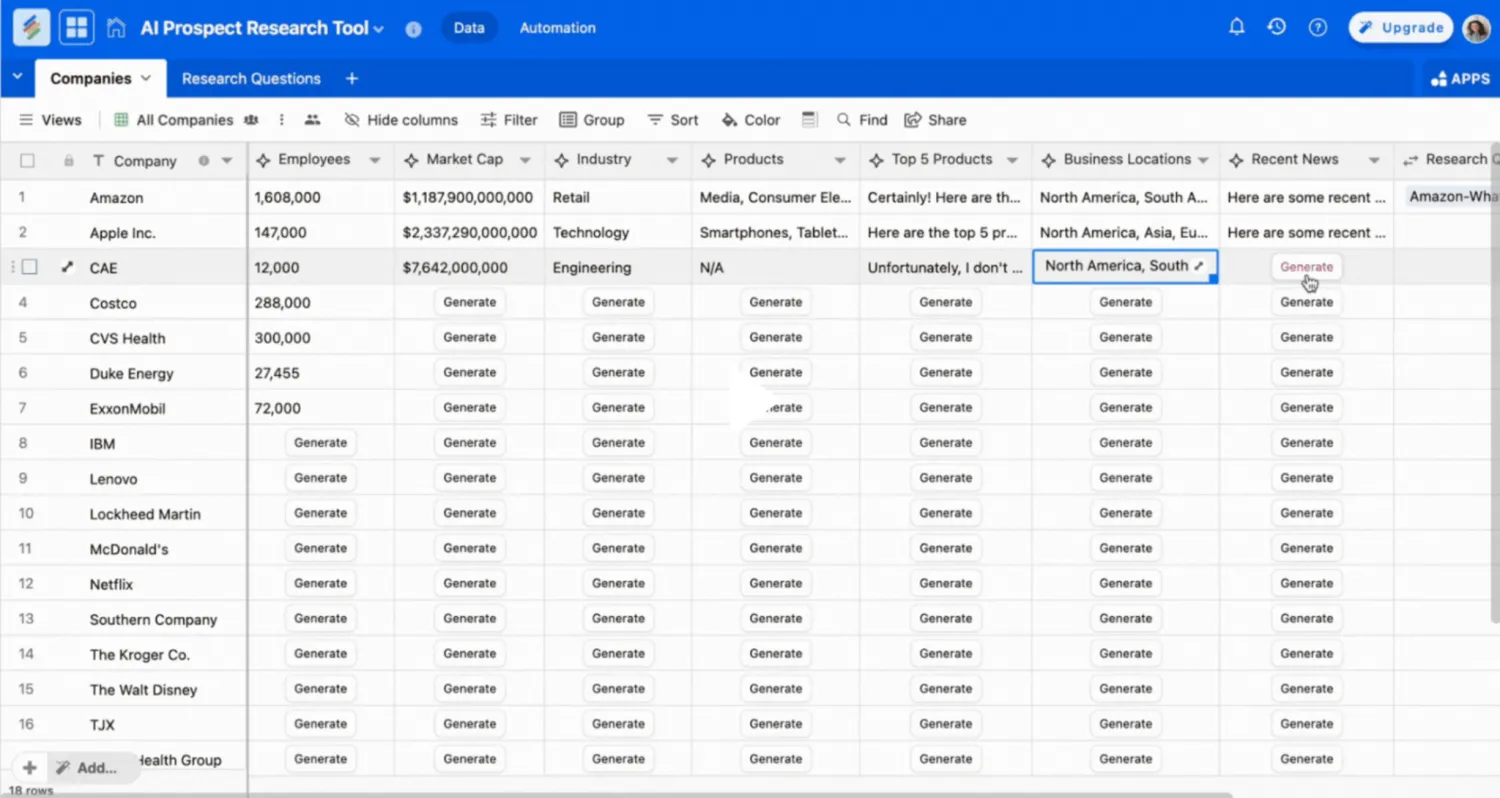 A Stackby table of companies with API-connected columns pulling employee counts and market cap
