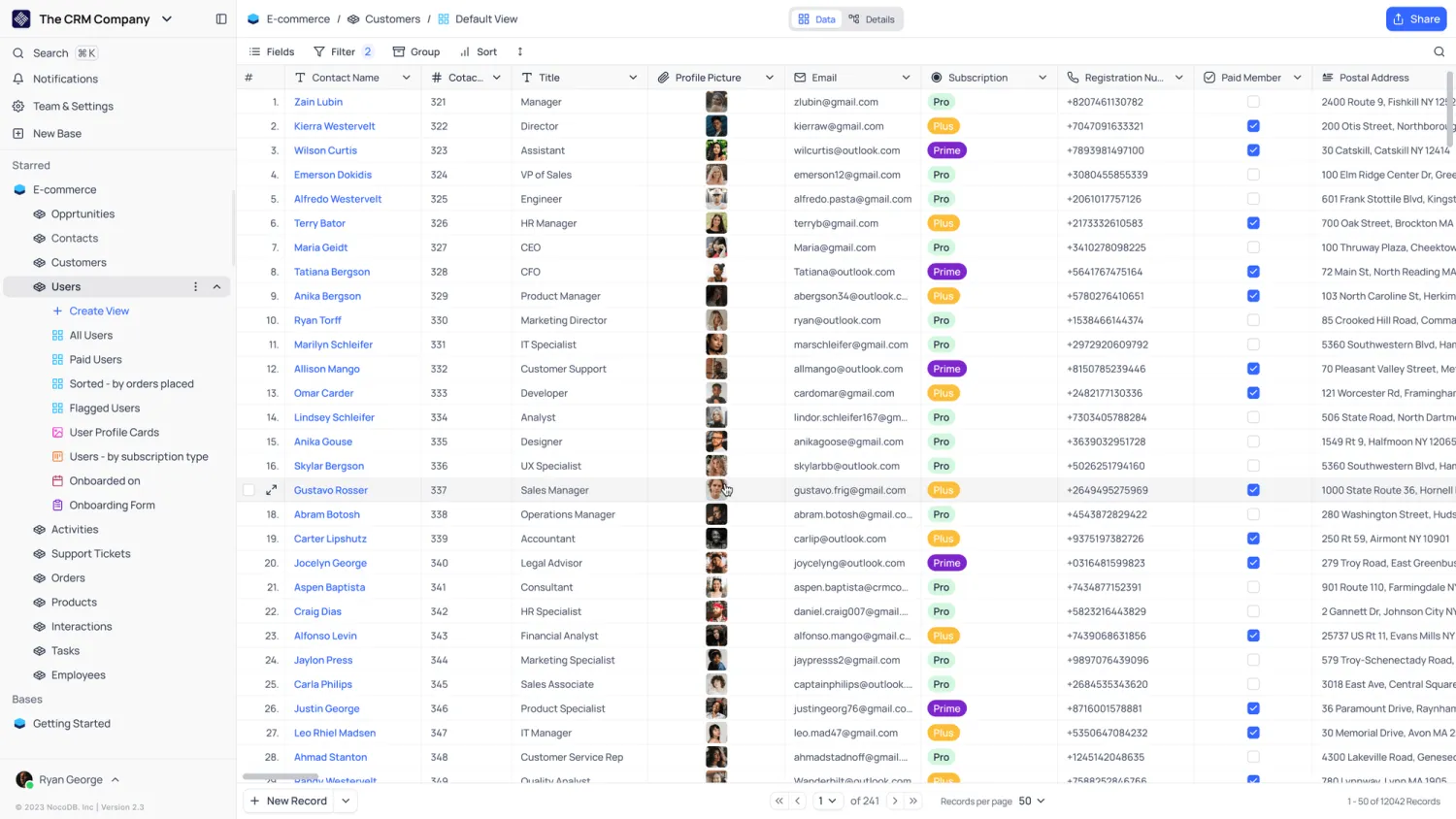 A NocoDB grid view of a customers table, with saved views listed in the left sidebar