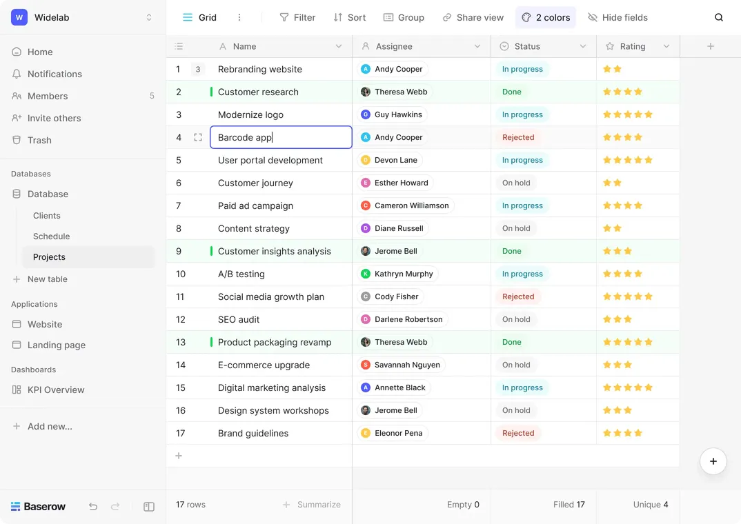 A Baserow grid view of a projects table with assignee, status, and rating columns