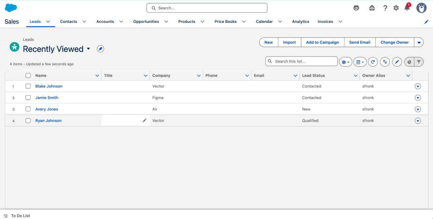 Salesforce Leads list view showing name, company, lead status, and owner alias for four recently viewed leads