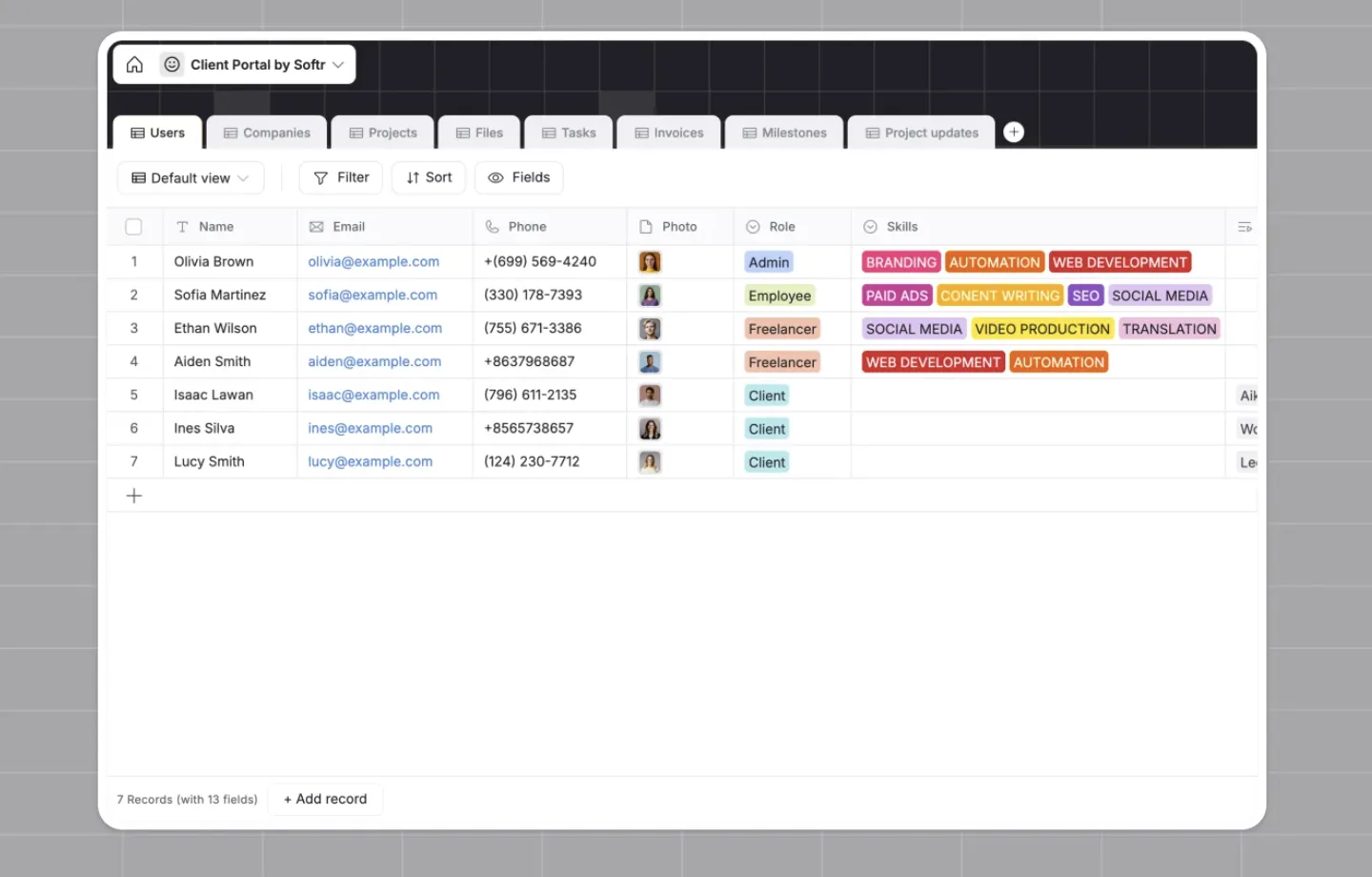 Client Portal by Softr database showing a Users table with name, email, phone, photo, role, and skills columns