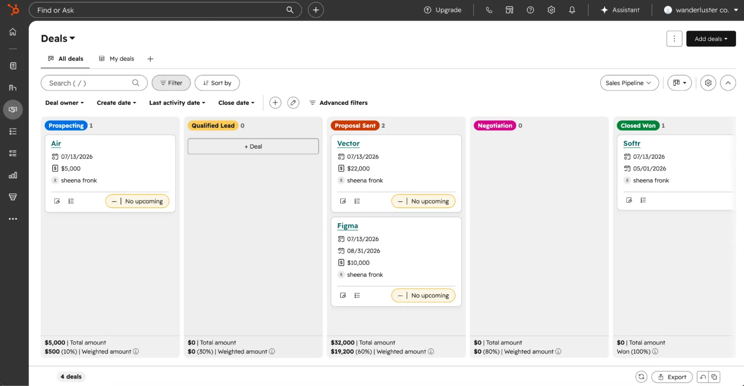 HubSpot Deals board with deal cards grouped into prospecting, qualified lead, proposal sent, negotiation, and closed won columns