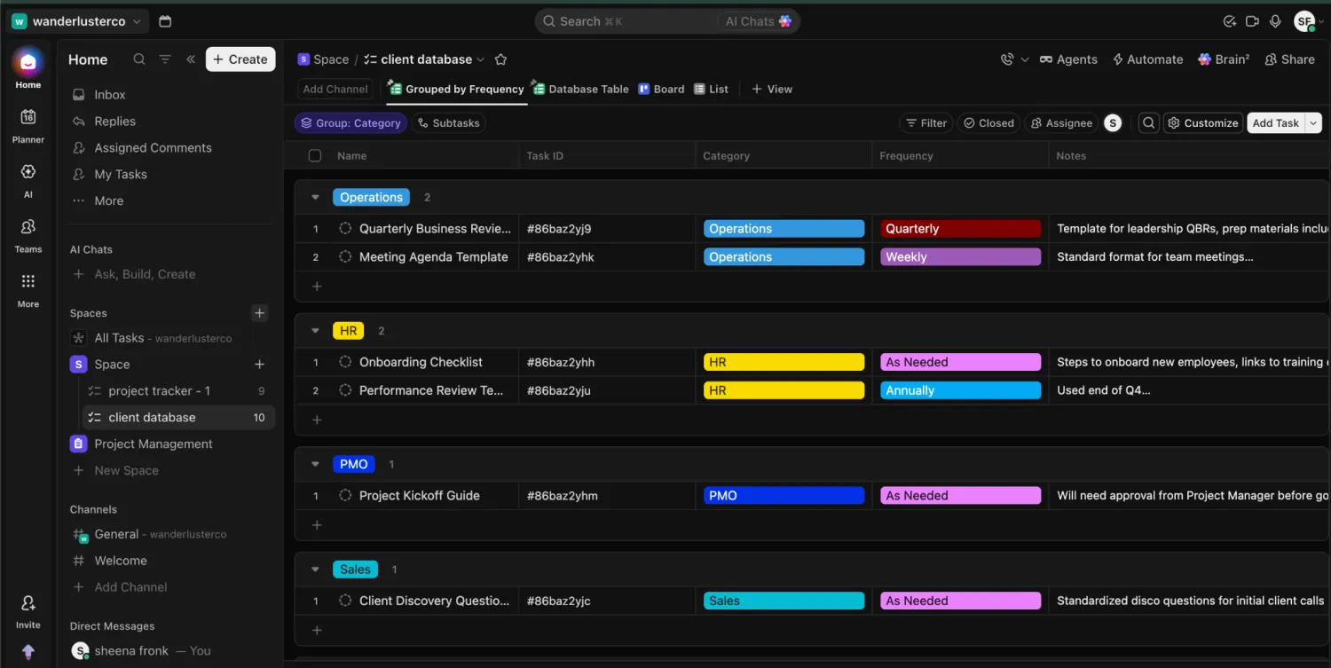 ClickUp client database grouped by category, with task ID, frequency, and notes columns for each entry