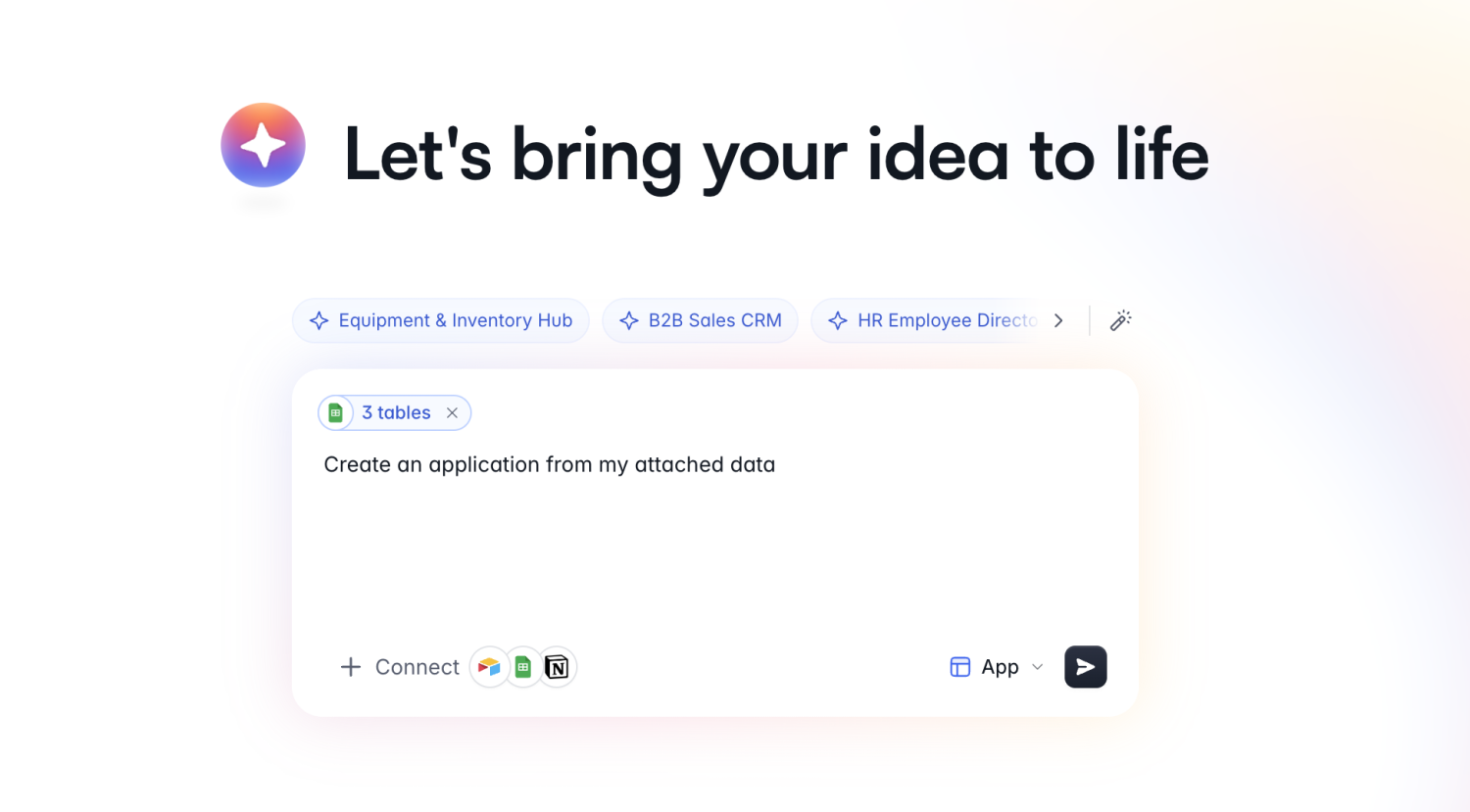 Softr AI Co-Builder prompt box with three connected Google Sheets tables attached to a default prompt