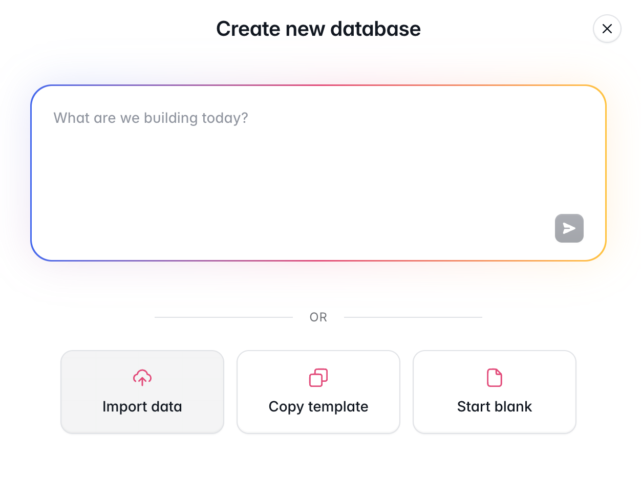 Softr Create new database dialog with Import data, Copy template, and Start blank options