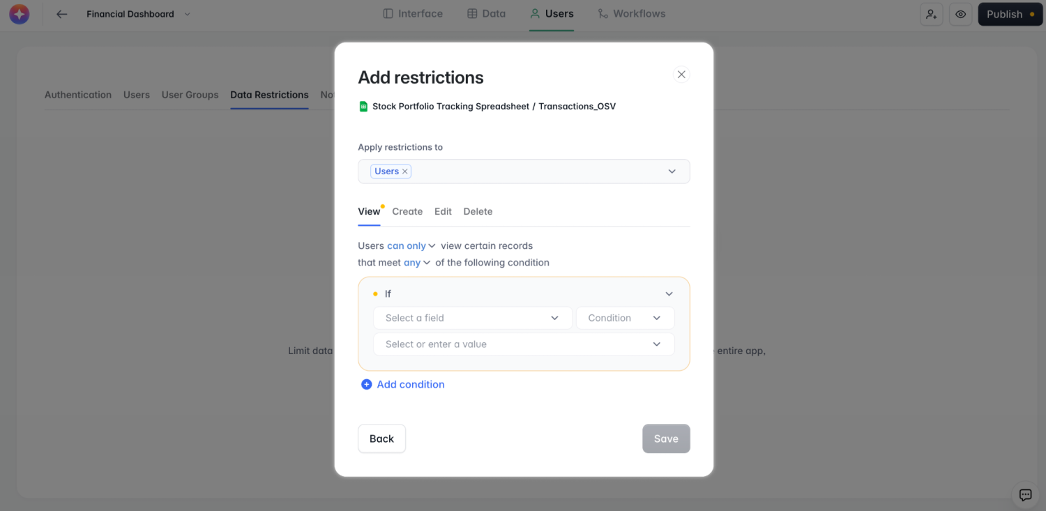 Softr Add restrictions dialog limiting which records users can view in a connected spreadsheet table