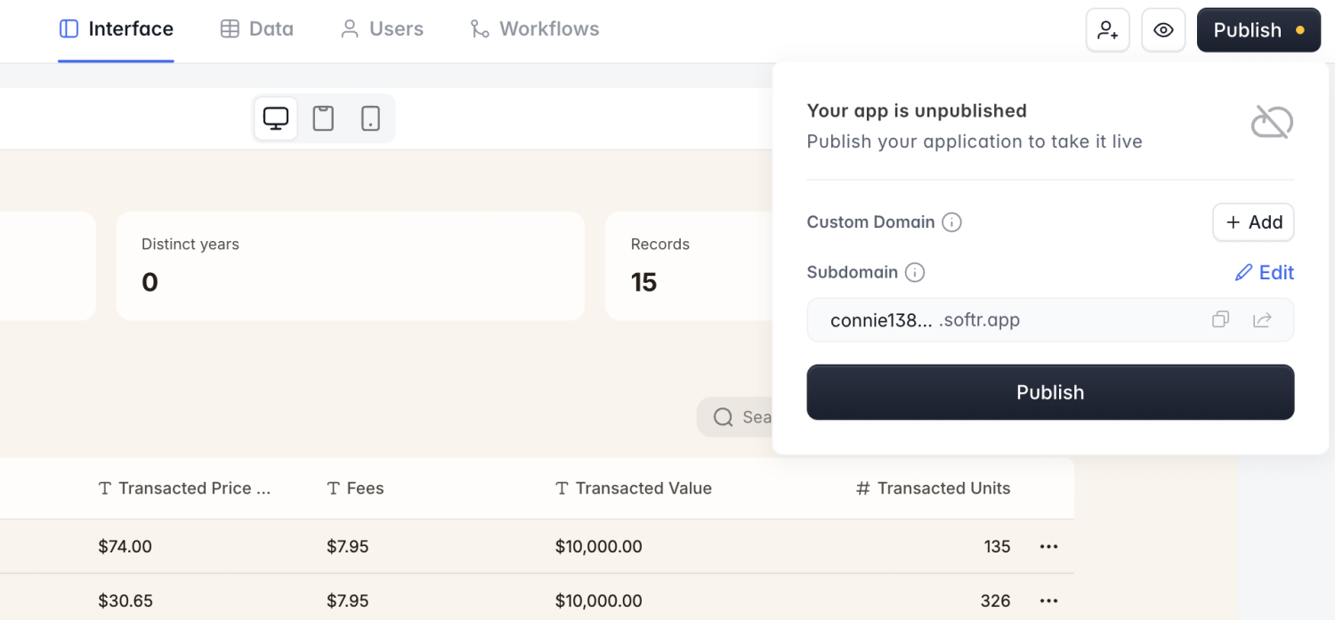 Softr publish panel showing custom domain and subdomain options for an unpublished app