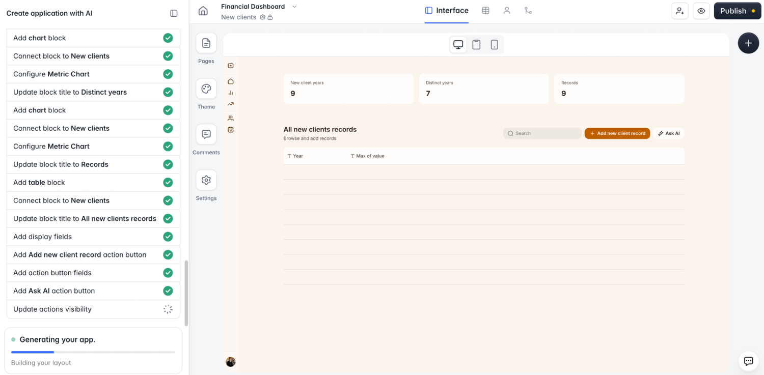 The AI Co-Builder building a financial dashboard, with a checklist of completed blocks on the left