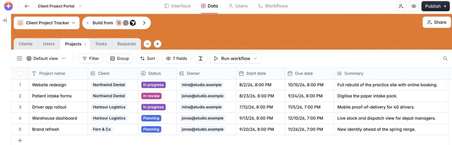 Softr database built through MCP with linked Clients, Users, Projects, Tasks, and Requests tables