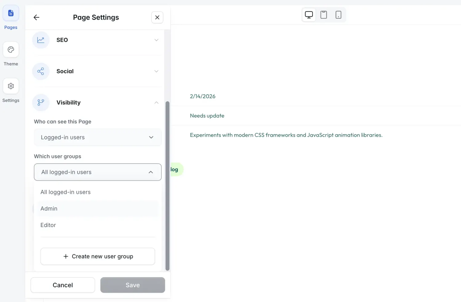 Softr page settings with visibility limited to selected user groups