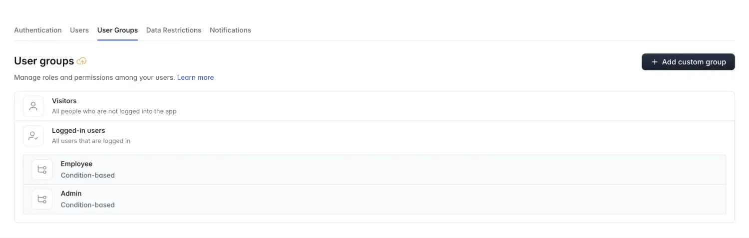 Softr user groups settings with condition-based Admin and Employee groups