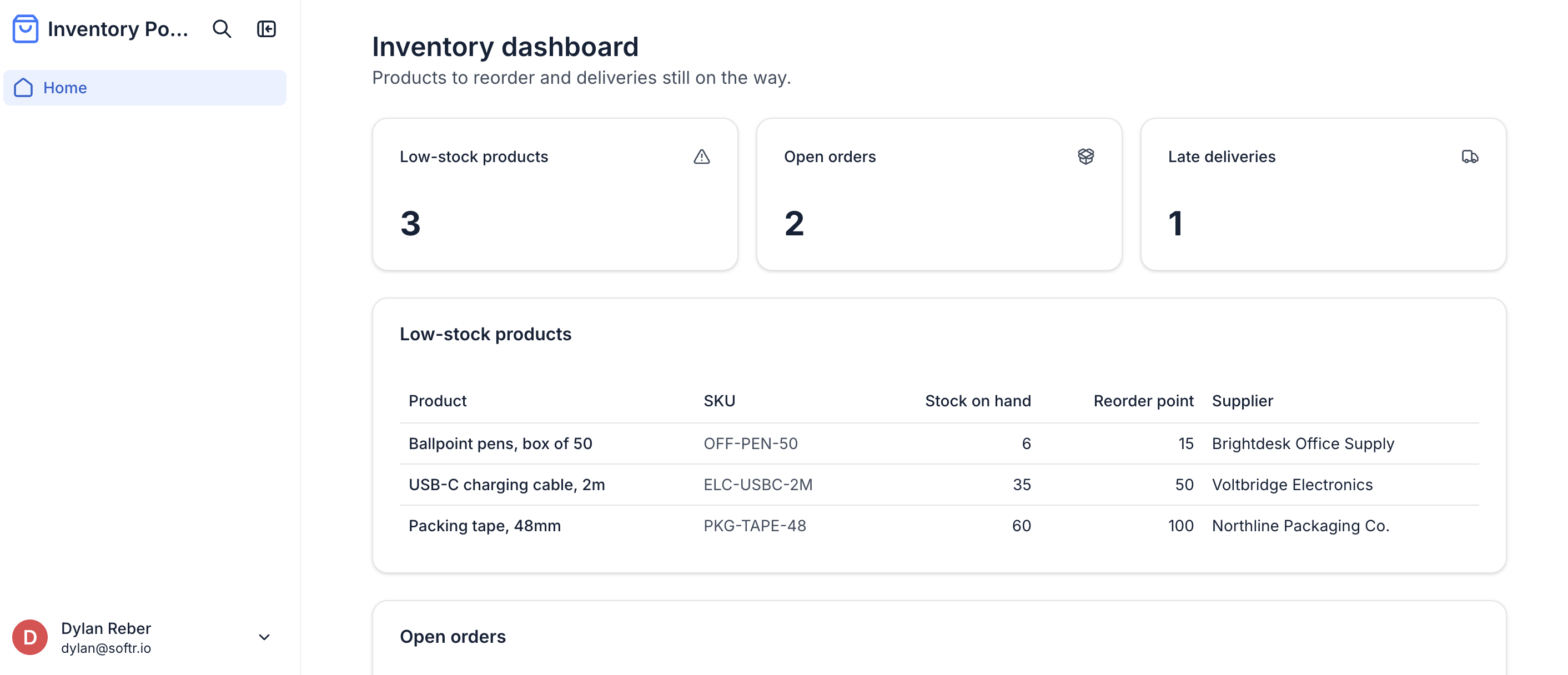 Inventory Portal dashboard in Softr with low-stock, open order, and late delivery counts