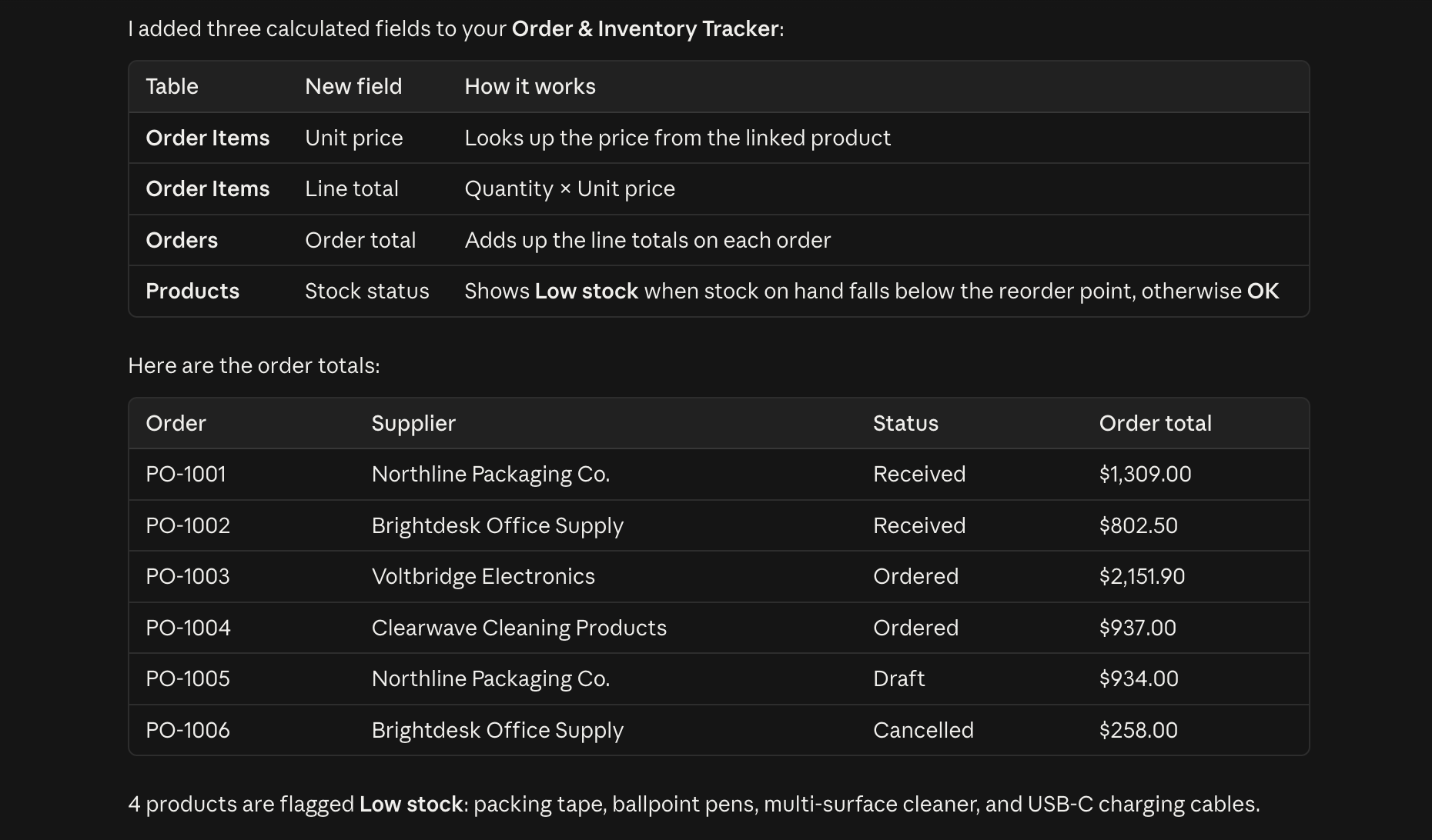 Claude Code listing new lookup, formula, and rollup fields with the resulting order totals