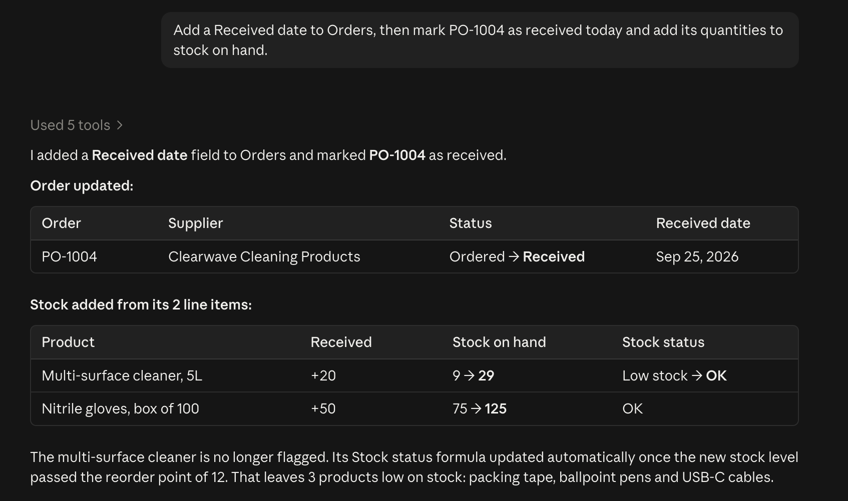 Claude Code marking an order as received and adding its quantities to stock on hand