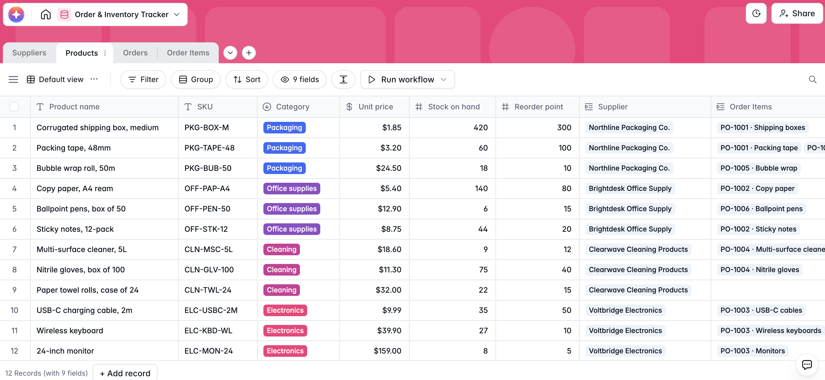 Products table in Softr Databases with SKUs, prices, stock levels, and linked suppliers