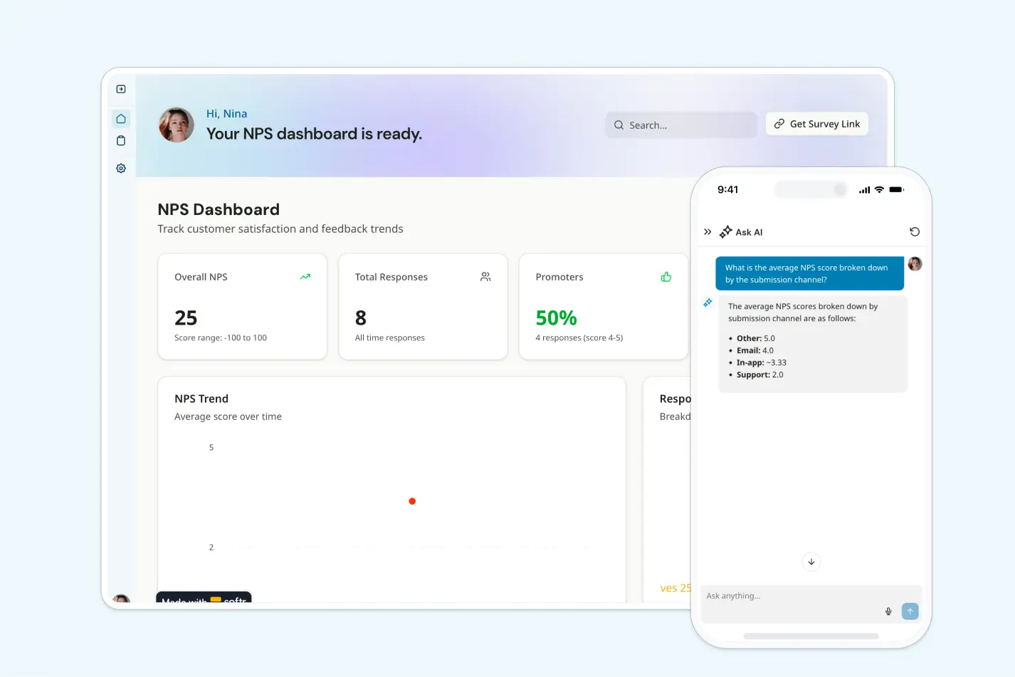 Softr analytics dashboard showing total metrics, trend charts, and AI insights built on top of imported data