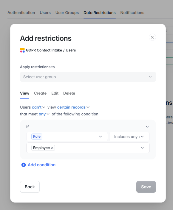 Softr Data Restrictions settings showing how to apply record-level viewing restrictions to a user group.
