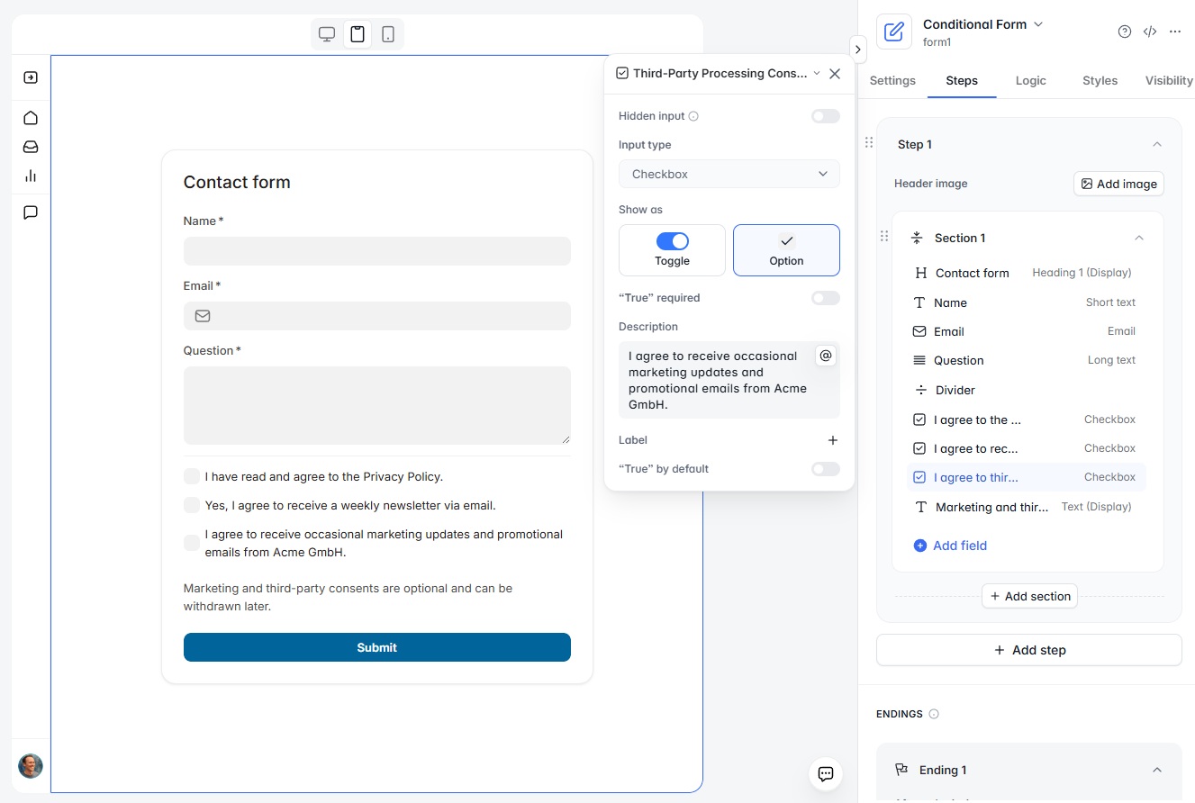 Softr forms contact form with GDPR compliance