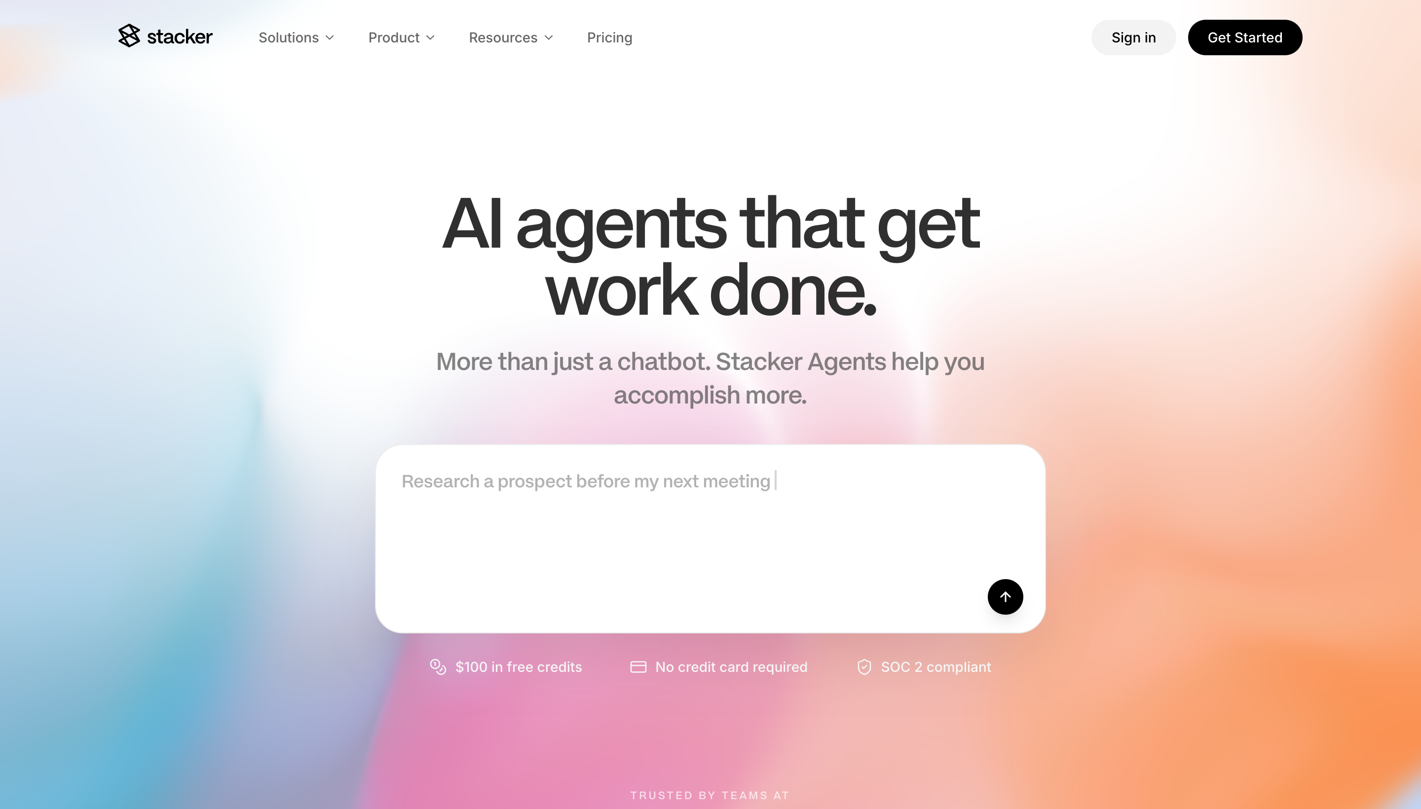 Stacker homepage with the headline AI agents that get work done and a prompt box for giving an agent a task