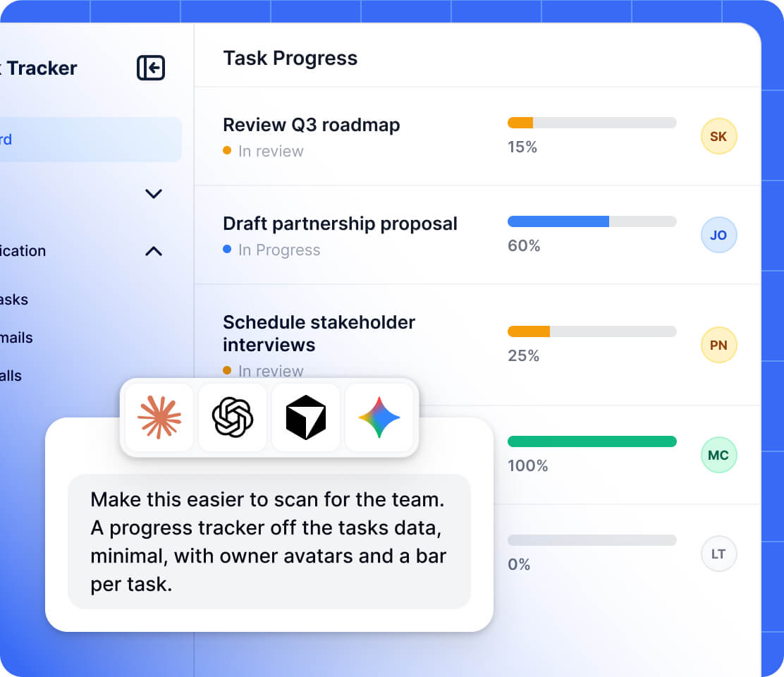 An AI agent builds a task progress page in a Softr app, with a progress bar and owner avatar for each task
