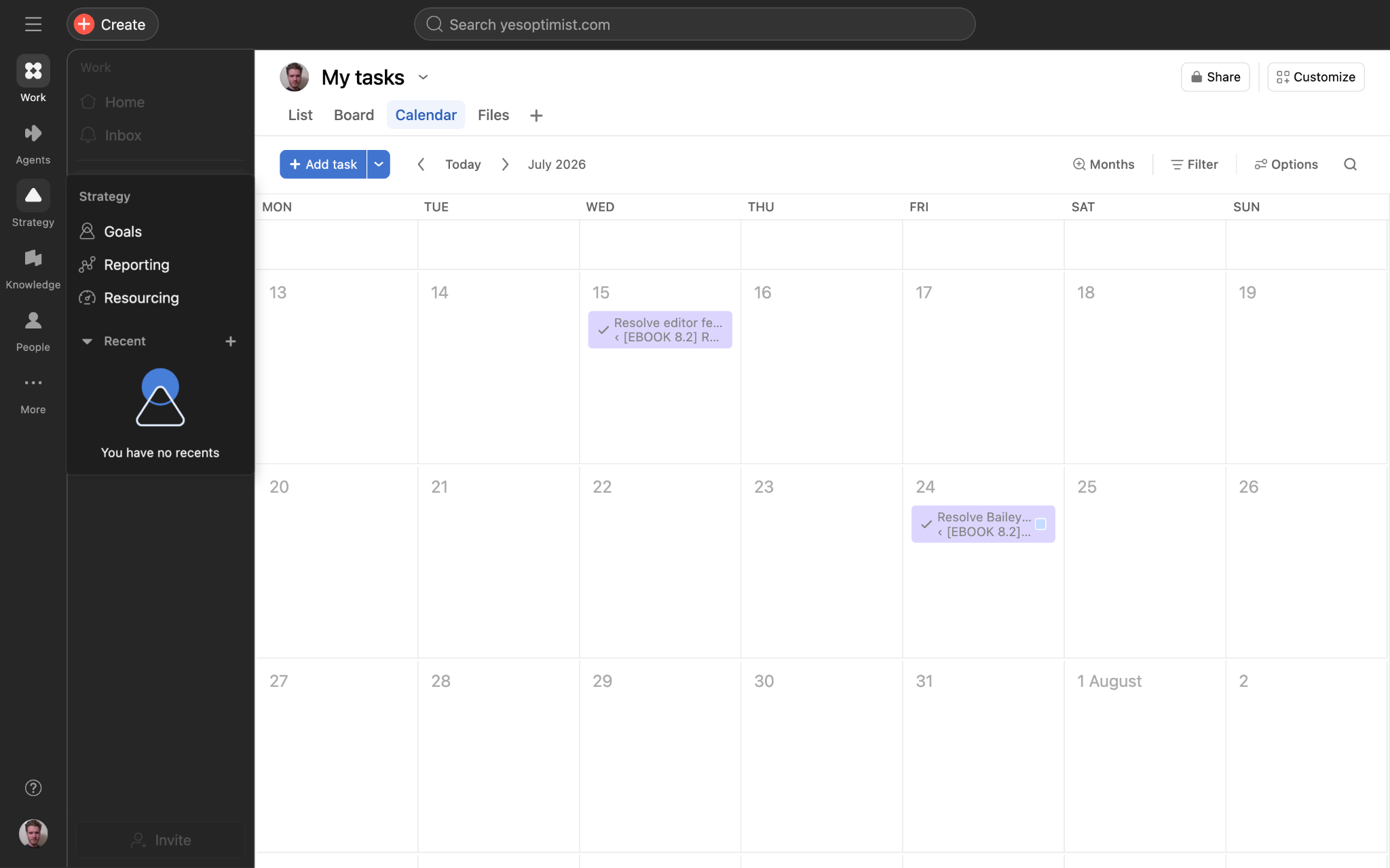 Asana My tasks calendar view showing tasks scheduled in July 2026