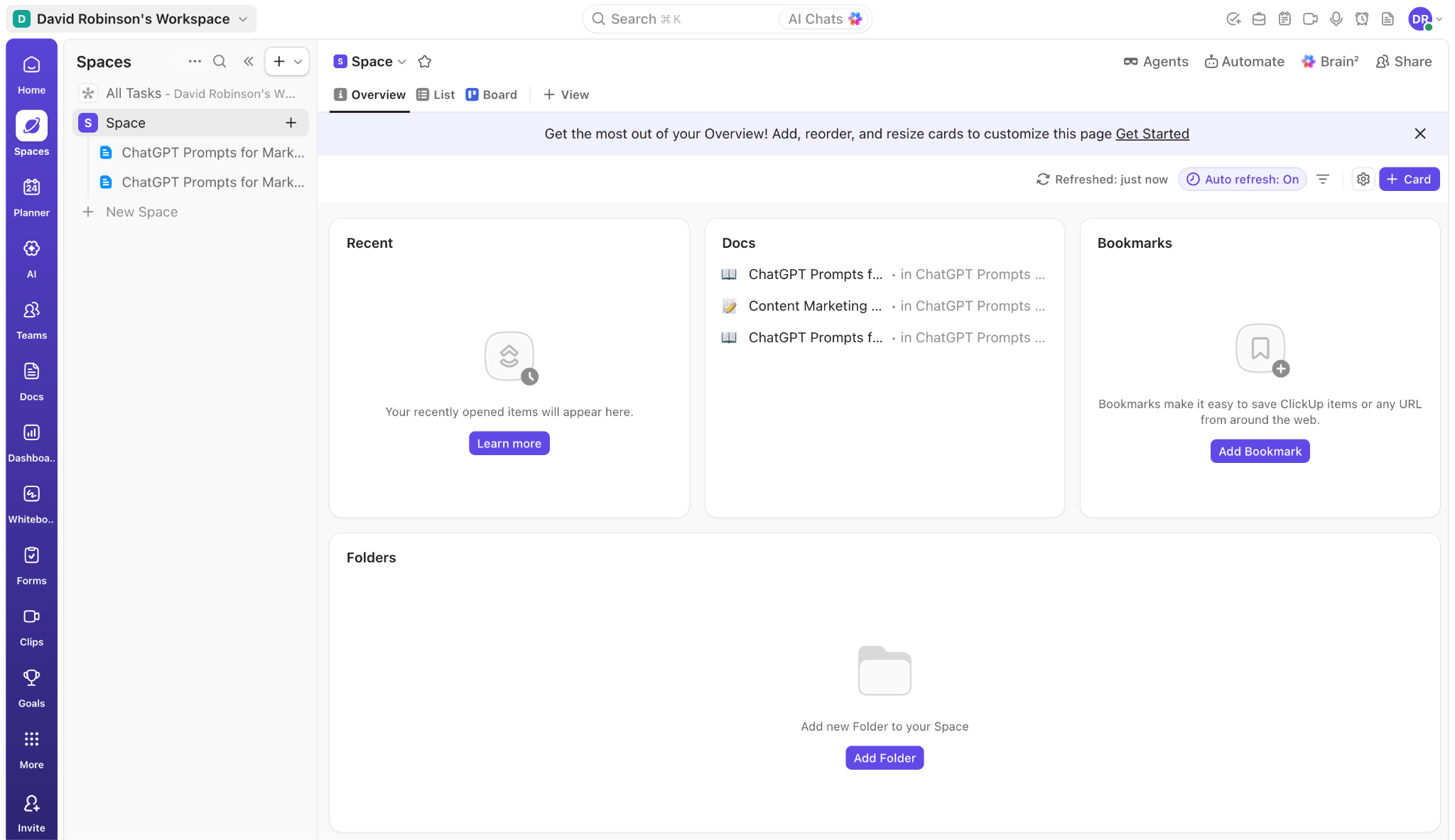 ClickUp space overview with recent items, docs, bookmarks, and folders