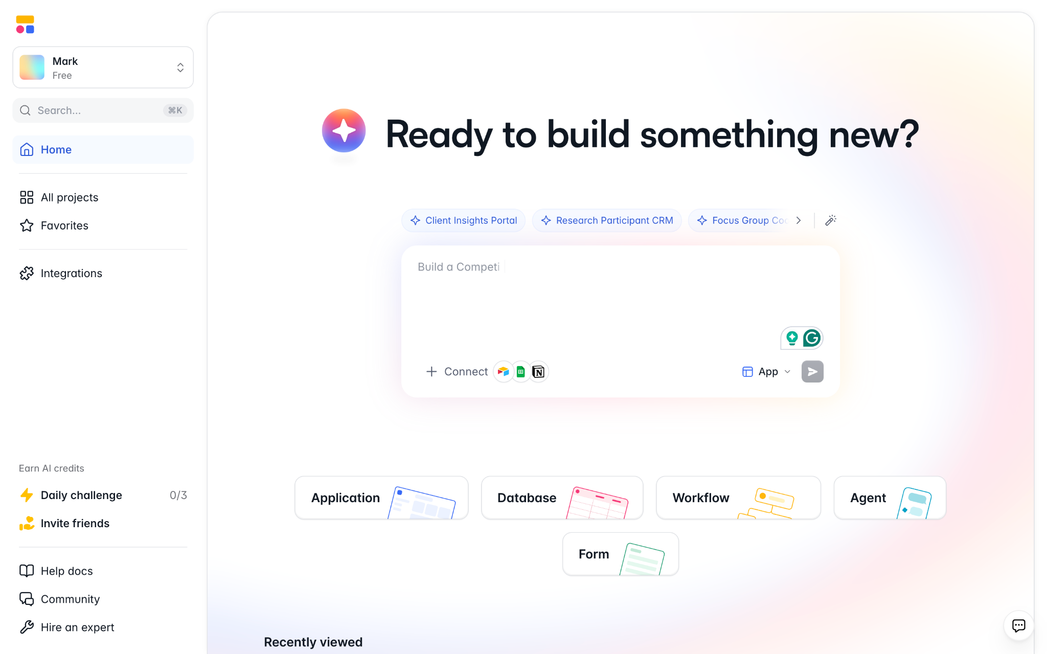 Softr home screen with an AI prompt box and options to build an application, database, workflow, agent, or form