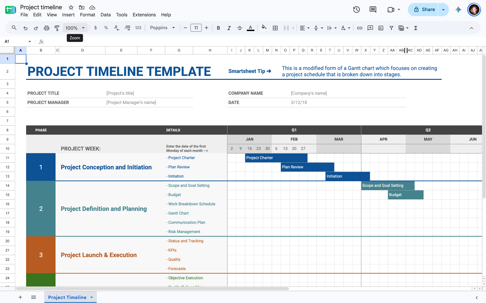 Google Sheets project timeline template with phases, details, and a Gantt-style schedule
