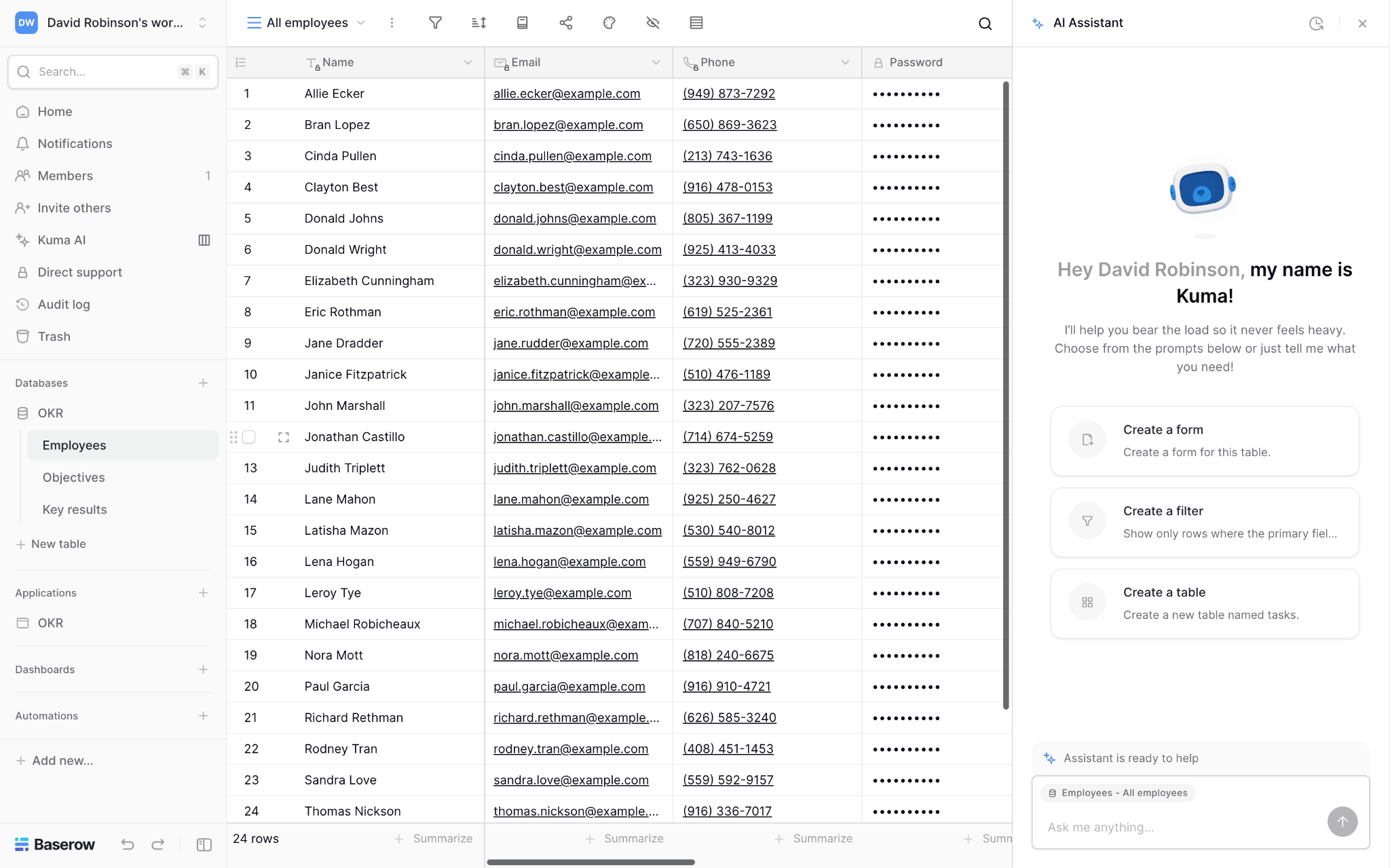 Baserow employees table with names, emails, and phone numbers next to the Kuma AI assistant