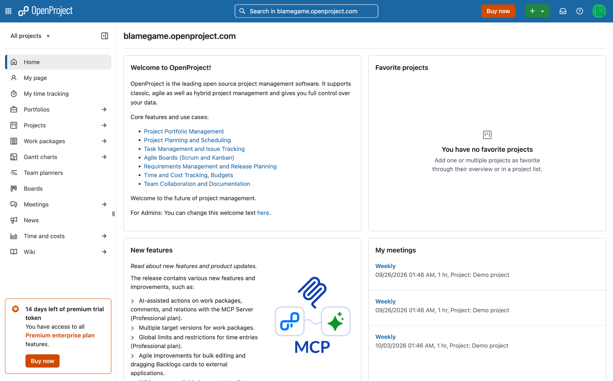 OpenProject home page with core features, favorite projects, new features, and meetings