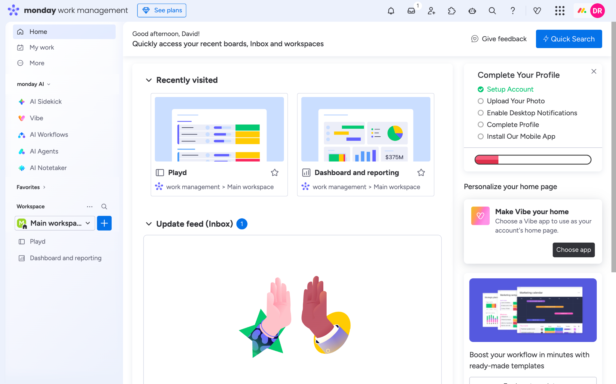 monday.com work management home screen with recently visited boards and an update feed