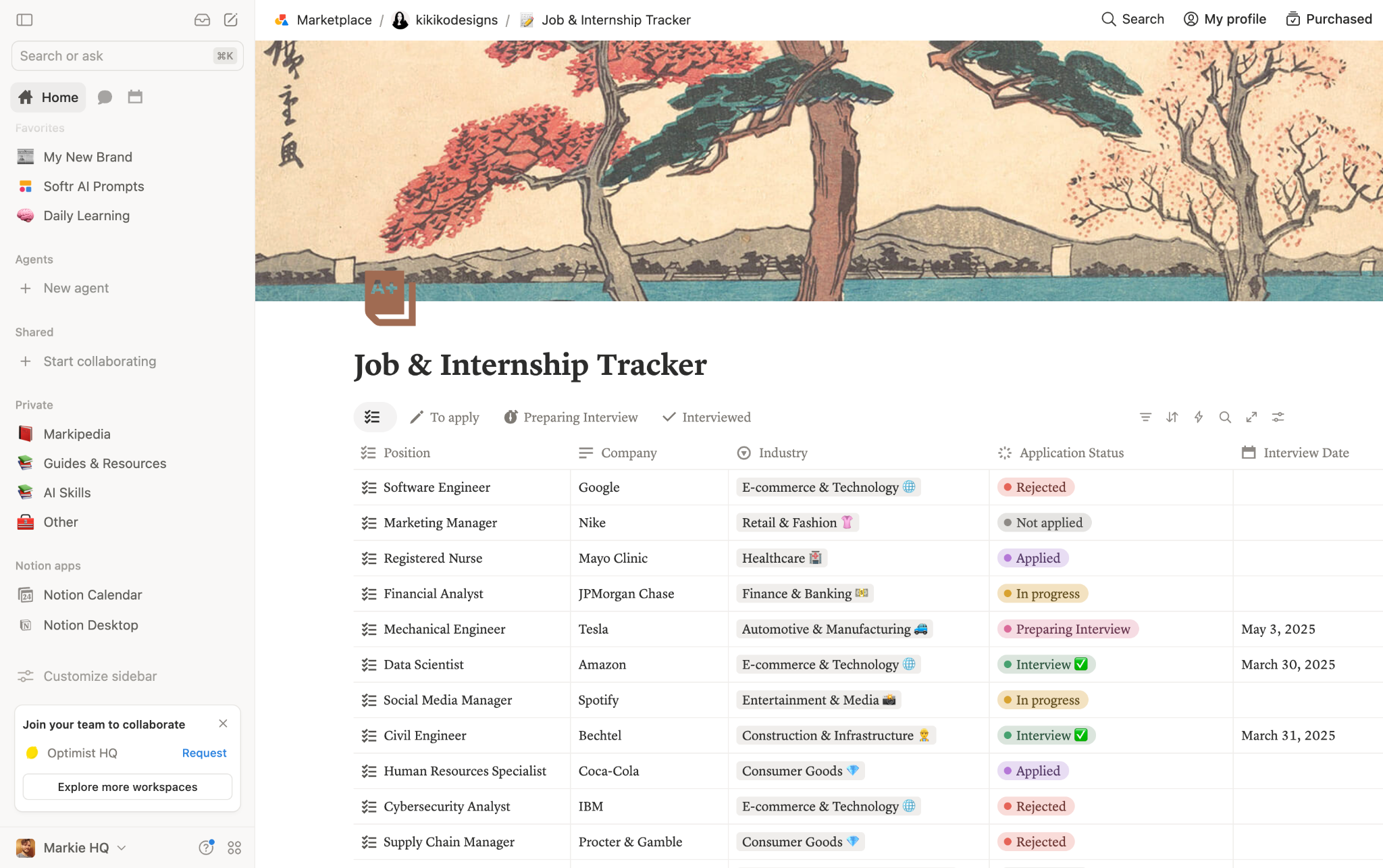 Notion job and internship tracker database with position, company, industry, and status columns