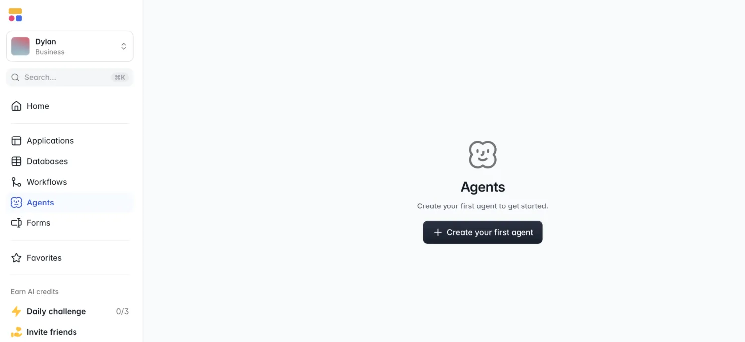 Softr Agents page with a Create your first agent button
