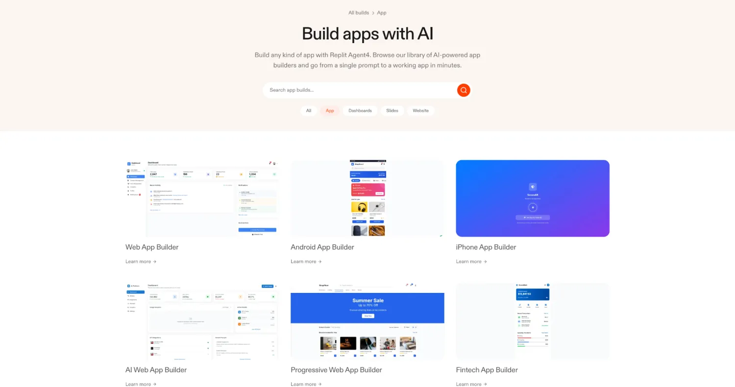Replit Build apps with AI page listing web, Android, iPhone, and fintech app builders