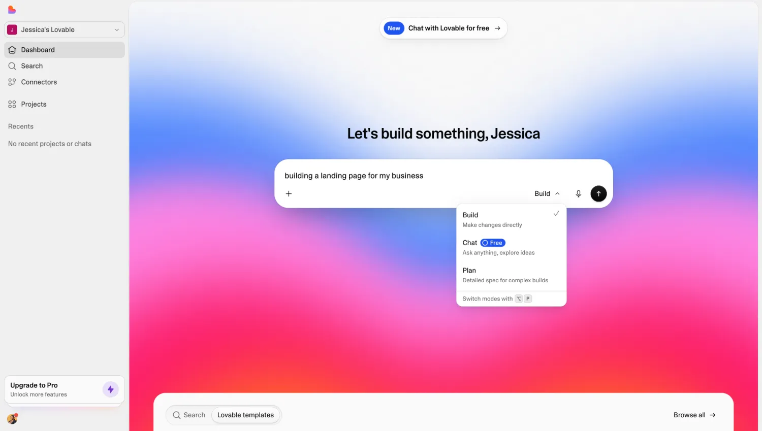 Lovable prompt box with the mode menu open showing Build, Chat, and Plan