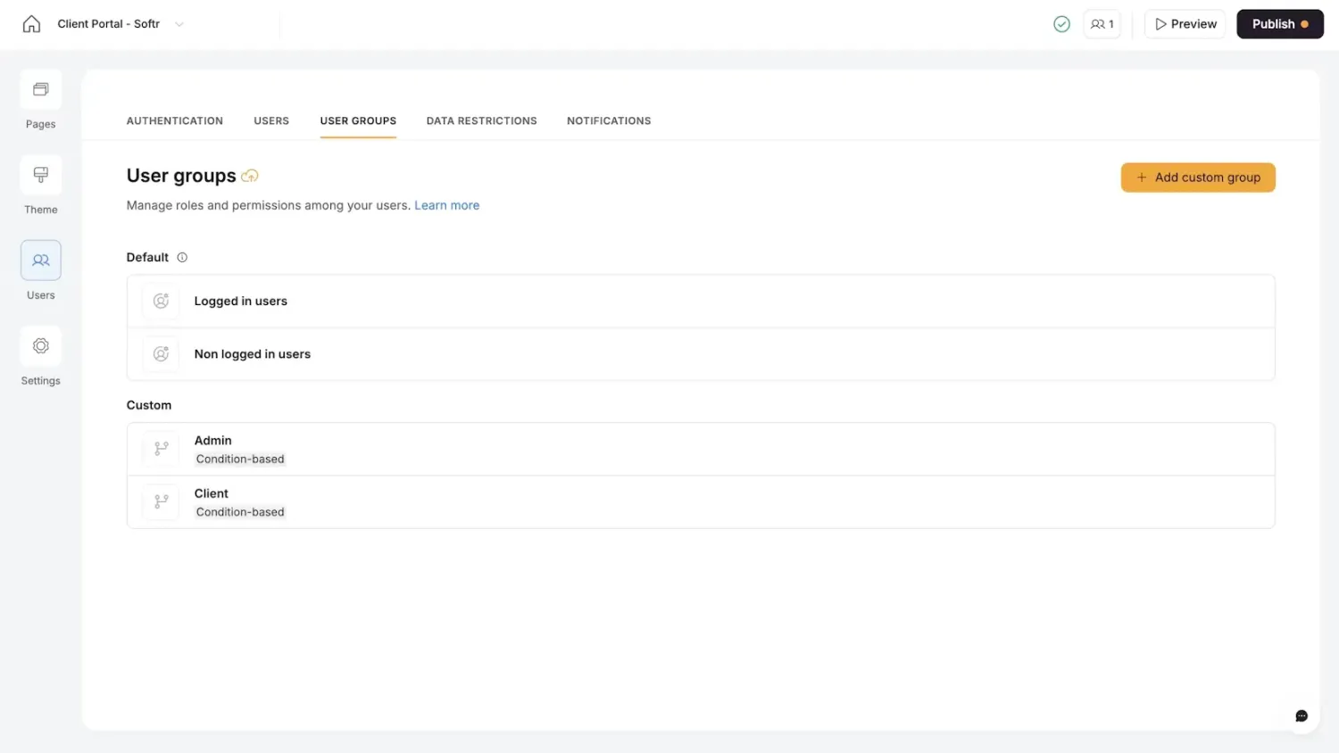 Softr User groups settings showing default logged-in groups and custom Admin and Client groups