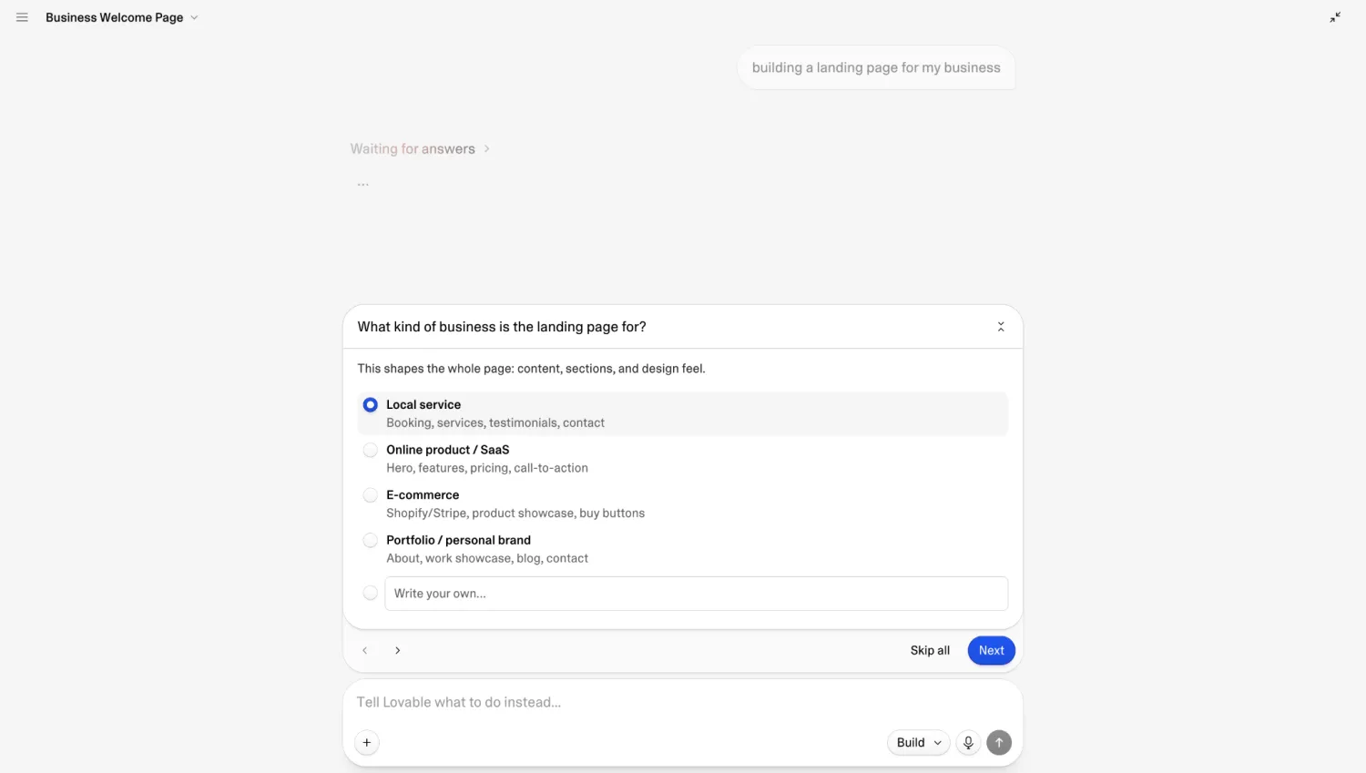 Lovable asking clarifying questions about what kind of business a landing page is for