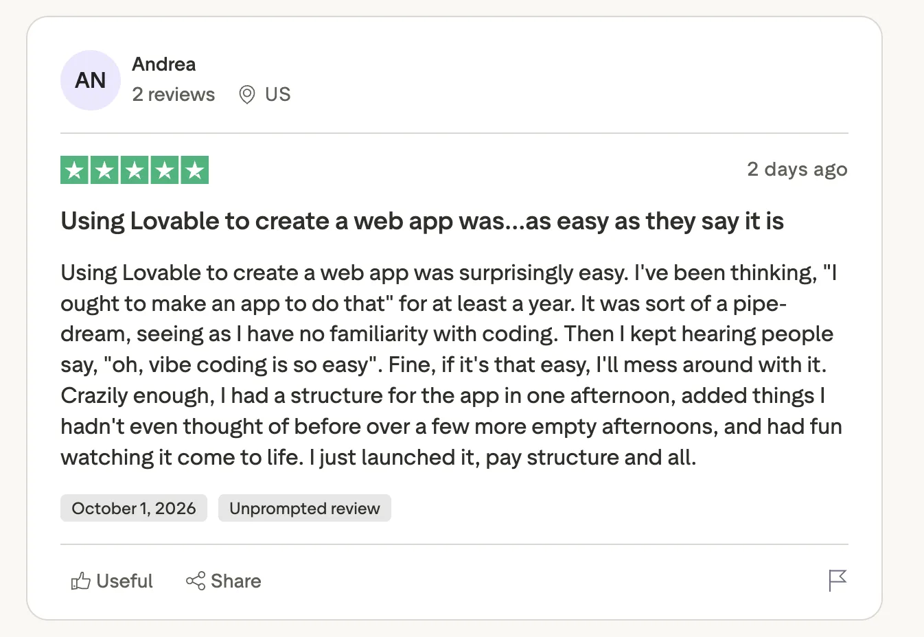 Five-star Trustpilot review saying Lovable made building a web app easy