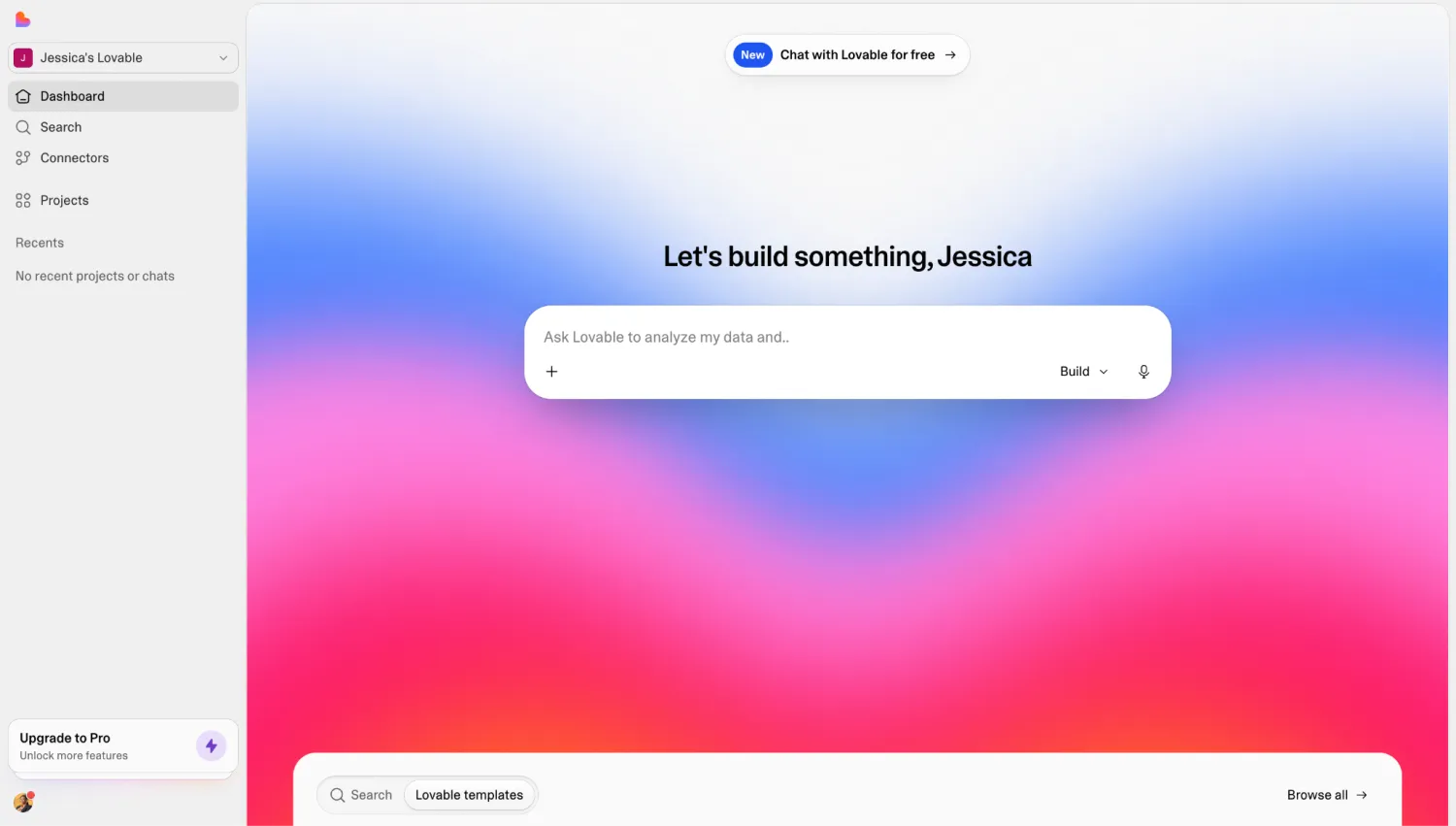 Lovable dashboard with a prompt box that reads Ask Lovable to analyze my data