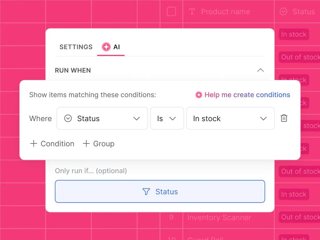 Softr Database AI Agent settings with a Run when condition filtering on Status is In stock