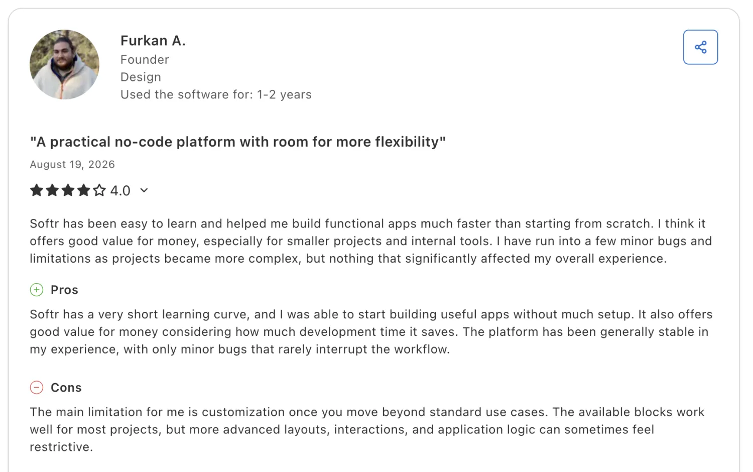 Capterra review of Softr noting advanced layouts and custom logic can feel restrictive