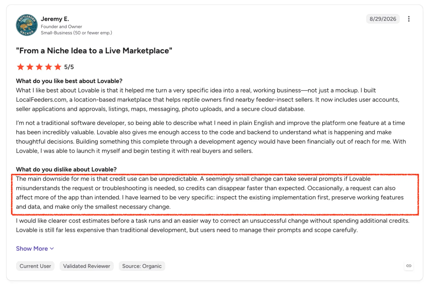 G2 review of Lovable highlighting that credit use can be unpredictable